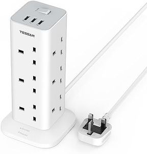 Tower Extension Lead with 3 USB Slots, TESSAN 12 Way Multi Plug Adaptor with Switch, Surge Protected Power Strip with 2M Cable (13A 3250W) for Home, Office, Kitchen, School Supplies