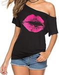 WILDPARTY Women's Casual Sexy Off Shoulder Tops Lips Print T Shirts, 80s 90s Neon Outfit Oversized Costumes