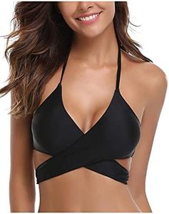 SHEKINI Womens Push Up Bikini Top Halter Bandage Bathing Suits Tops Criss Cross Swimsuits Top Only, Top Only - Black, Small