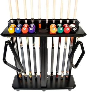 ISZY Billiards Pool Stick Rack - Cue Rack Only - Wood Floor Stand Holds 10 Pool Sticks and a Full Set of Balls - Billiards Accessories – Black