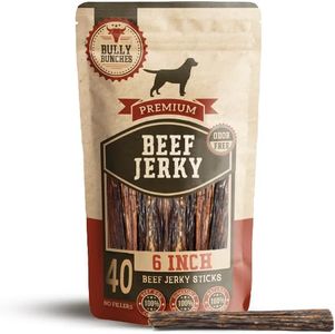 Bully Bunches All Natural 6 Inch Beef Jerky Sticks – Soft and Crunchy Gullet Chews - Odour Free, Rawhide Free, Chemical Free – Safe, Healthy and Nutritious Dog Treats for Light Chewers, 40 Pk