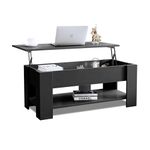 Blisswood Coffee Table With Storage, Lift Top Coffee Table For Living Room, Wooden Coffee Table With 1 Shelf Large Hidden Storage Lift-Top Sofa End Tea Tables, Black 100L x 50W x 42-57 H cm