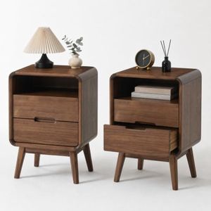 Vadisun Walnut Nightstand Set of 2, Solid Wood Nightstand with Drawers and Open Storage Shelf, Mid Century Modern Nightstands, Wood End Table for Bedroom, Walnut Bedside Table Set of 2(23.23" H)