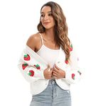 Women's V-Neck Knit Floral Pattern Cardigan Strawberries Embroidery Lantern Long Sleevee Cropped Sweater Tops, White, XX-Large