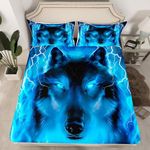 Wolf Bedding Set Safari Animal Pattern Bed Sheet Set Cool Wildlife Style Fitted Sheet for Boys Girls Kids Room Decor Glitter Blue Wild Wolf Lightweight Bed Cover Queen Size with 2 Pillow Case