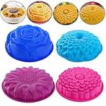 DEAYOU 4 Pack Flower Shape Silicone Cake Molds, 9.8" /9.1" /8.6" /7.8" Non-Stick Jello Bread Pie Flan Tart Baking Pan Molds, Round Silicone Baking Tray for Brownie, Birthday, Anniversary, DIY