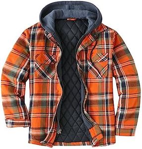 ZENTHACE Mens Hooded Flannel Jacket,Quilted Lined Plaid Flannel Shirt Jacket for Men Orange M