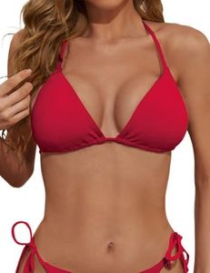 Zuvebamyo Women's Triangle Bikini Top Ribbed Push up Padded Halter String Bathing Suits Top Red XL