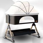 CAREIT Comfortable 6-in-1 Baby Cot, Crib, Bedside Bassinet, Adjustable Height, Mosquito Net, Storage Basket, Wheels, and Mattress | Easy Folding, Unique Design (Charcoal Grey)