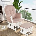 Glider and Ottoman Set, Wood Glider Rocker for Nursery, Upholstered Comfort Nursing Rocking Chair with Storage Pocket, Padded Armrests & Detachable Cushion, Easy to Assemble (Pink)