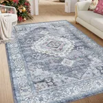 Smiry Area Rugs for Living Room Bedroom, Machine Washable 3x5 Vintage Rugs, Soft Plush Bedside Rug Floor Carpet for Farmhouse Nursery Kitchen Laundry Retro Home Decor, Blue/Grey