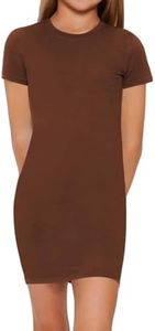 SHENHE Girl's Basic Short Sleeve Crew Neck Bodycon T Shirt Pencil Mini Dresses Coffee Brown 9Y