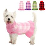 Dog Sweater Dress Plaid Knitwear for Small Medium Dogs Warm Puppy Pet Turtleneck Stretch Pullover Cute Fall Winter Vest Clothes with Leash Hole for Christmas (Pink, L)