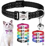 SEOUGEE Personalised Cat Collar with Name Tag, Adjustable Nylon Reflective Kitten Collars with Bell and Safety Buckle, Customize Engraved Pet Name & Phone Number, Black