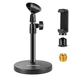 BILIONE 101S 3 in 1 Multi-Function Desktop Microphone Stand, Adjustable Table Mic Stand with Microphone Clip, Cell Phone Clip, 5/8 inch Male to 3/8 inch Female Metal Adapter,Black