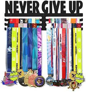 Bliocefo Medals Hanger Holder Display Steel Rack Hooks 15 inches Wall Mount Frame Over 60 Medals-Sports Medal Hook Storage Organizer Never Give Up Ribbon with Easy Hanging Bars Black 3 Lines