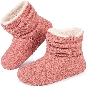 LongBay Women’s Warm Curly Fur Bootie Slippers Comfy Plush Fleece Boots Memory Foam House Shoes, Pink, 6.4-7.5