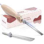 Electric Knife - Easy-Slice Serrated Edge Blades Carving Set for Meat, Bread, Turkey, Ribs, Fillet, DIY, Ergonomic Handle + 2 Blades for Raw & Cooked Food (Cream White)