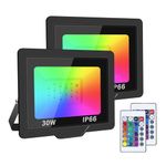 RIGIDON 2 Pack 30W LED Flood Light Outdoor, 16 Colour Changing IP66 Waterproof RGB Flood Lights with Remote Control for Garden Yards Stage House Landscape Lighting