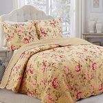 Cozy Line Home Fashions Lelia Vivid Quilt Bedding Set, Pink Rose Blooming County Floral Flower Printed 100% Cotton Reversible Coverlet Bedspread for Women (Rose Vivid, King - 3 Piece)