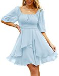 Beluring Womens Mini Dress Casual Pleated Wrap Dress Puff Sleeve Flare Short Midi Dress Light Blue S