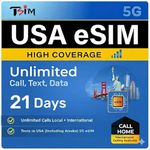 TSIM USA eSIM 21 Days with Call Home | High Coverage | Unlimited Data on AT&T Network | Unlimited Local + International Call/Texts in USA (Including Alaska) | Get eSIM Same Day!