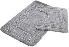 FAIRWAYUK Bathroom Mats Sets 2 Pieces, Ultra Plush Greek Pattern Bath Toilet Mat Anti Slip Pedestal Set, Extra Absorbent 100% Polypropylene Rug, Bathroom Accessory (Silver)