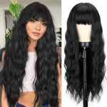 YEESHEDO Long Black Wigs for Women Natural Curly Wavy Synthetic Hair Wig with Fringe for Girls Cosplay Party or Everyday Wear