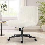 Armless Wide Office Chair with Wheels Crossleg Office Chair 120° Rocking Mid Back White Sherpa Ergonomic Computer Task Chairs for Make Up