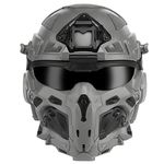 All-In-One Airsoft Full Face Mask Tactical Helmet With Built-in Tactical Headset, Anti-Fog Fan, Visor Sliding Goggles for Military Airgun Cosplay CS Paintball Hunting (Grey)