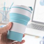 Oligitdi Folding Silicone Water Cup Collapsible Portable Tea Coffee Water Thermos Travel Mug Cup Heat Insulated for Hot and Cold, Foldable Cup with Lid, 350ML, Blue