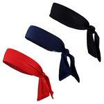 Kenz Laurenz Tie Headbands Tie on in The Back Moisture Wicking Athletic Sports Head Band You Pick Colors (3 Pack Bk/Bl/Rd)