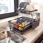 Dish Drying Rack with Drain Board, Trusthere Dish Rack for Kitchen Counter with Utensil Holder, Rustproof Drainboard Set with Cup Holder, Dish Drainer with 360° Swivel Drain Spout (Black,2 Tier)