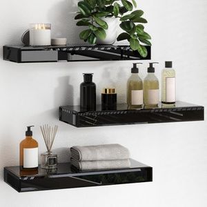 SHYFOY Floating Shelves for Wall, Glass Finish Wall Shelves Set of 3, Black Wall Mounted Shelves for Bedroom Living Room Bathroom Kitchen