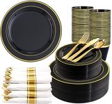 WDF Partyware 350 Pieces Black and Gold Plastic Plates with Disposable Silverware, Include 50 Dinner Plates 9”, 50 Dessert Plates 6.3”, 50 Gold Rim Black Cups 9 OZ, 50 Pre Rolled Napkins Packed in