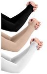 NESVIB 3 Pairs Biker/Sports Full Arm Fingerless Sleeves Gloves for UV, Dust, Summer, Sun Protection for men and Women (Black, Beige & White)