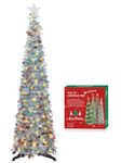 HMASYO 5FT/1.5M Pop Up Christmas Tree with Timer Lights, Silver Tinsel Christmas Tree, Collapsible Artificial Pencil Tree Xmas Decoration for Indoor Home Apartment Porch Party, Easy Assembly
