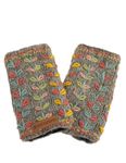 Pachamama Women Wool Hand Warmers Fleece Lined Handknitted Flower Embroidered Grey One-Size Handmade Extra Warm Fair Trade