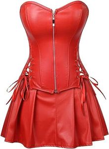 DKCHENH Women's Punk Rock Faux Leather Steampunk Corset gothic bustier skirt set costume.red bustier,X-Large Skirt.