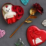 eCraftIndia Golden Red Rose, Heart Shaped Valentine Gift Box with White Teddy, Red Roses - Valentine Gift for Girlfriend Boyfriend Husband Wife - Valentine Day Gifts - Valentine Day Decoration Items