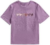 OYOANGLE Girl's Heart Print Short Sleeve Round Neck T-Shirt Funny Graphic Tees Cute Top Purple 10Y