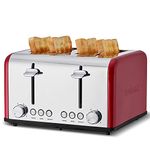 Toaster 4 Slice, CUSIMAX Stainless Steel Toaster, Bread Toasters 4 Extra Wide Slot with Bagel/Defrost/Cancle Function,6 Shade Settings with Removable Crumb Tray, Red