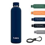 Exllena Insulated Water Bottles 1l with Clip, Double Wall Vacuum Drinks Bottle Keeps Drinks Cold 24 Hrs/Hot 12 Hrs, Stainless Steel Water Bottle BPA Free (Dark Blue)