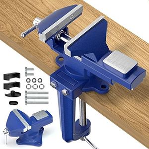 Shangyoyi 2-in-1 Bench Vise For Workbench 3.2"- Multi-functional Portable 360° Swivel Base Clamp On Vice/Table Vise For Woodworking, Cutting Conduit, Drilling, Metalworking, Blue