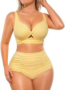 SHAPELLX Women's Twist Front Bikini Tummy Control 2 Piece Swimsuits High Waisted Bikini Sets Adjustable Wide Straps Bathing Suit (Yellow, XL)