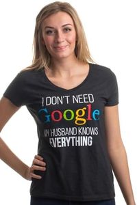Ann Arbor T-shirt Co. My Husband Knows Everything | Wife Women's V-Neck T-Shirt-(Vneck,M) Heather Black
