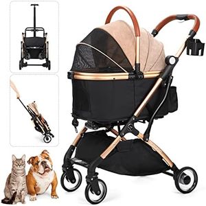 SKISOPGO 3 in 1 Foldable Pet Stroller for Small Medium Dogs Cats, No-Zip Dog Stroller with Detachable Carrier, Push Button, Luxury Pet Gear Stroller for Puppy Travel (Khaki)