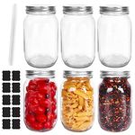 32 oz Wide Mouth Mason Jars, 1000ml Glass Jars with Metal Airtight Lids Clear Containers Canning Jars for Storage Overnight Oats, Jam, Honey, Salads, Yogurt, Spices, 6 Pack with 10 Labels & 1 Pen