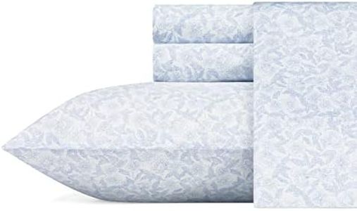 Laura Ashley Home - King Sheets, Soft Sateen Cotton Bedding Set - Sleek, Smooth, & Breathable Home Decor (Blossoming Blue,4 pcs, King)