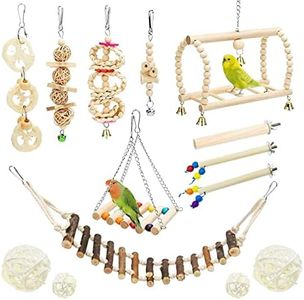 Allazone 14 Pz Juguetes para Pájaros, Escalera de Madera, Pájaros Juguetes con Campanas Que Cuelga la Perca Juguete para Pequeños y Medianos Loros de Aves